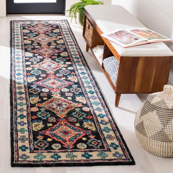 Aspen 2 ft. x 19 ft. Charcoal/Blue Border Bohemian Runner Rug