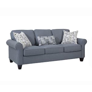 Classic Cottage Series 82 in. W Rolled Arm Fabric Straight Sofa with 3 Accent Pillows in Blue