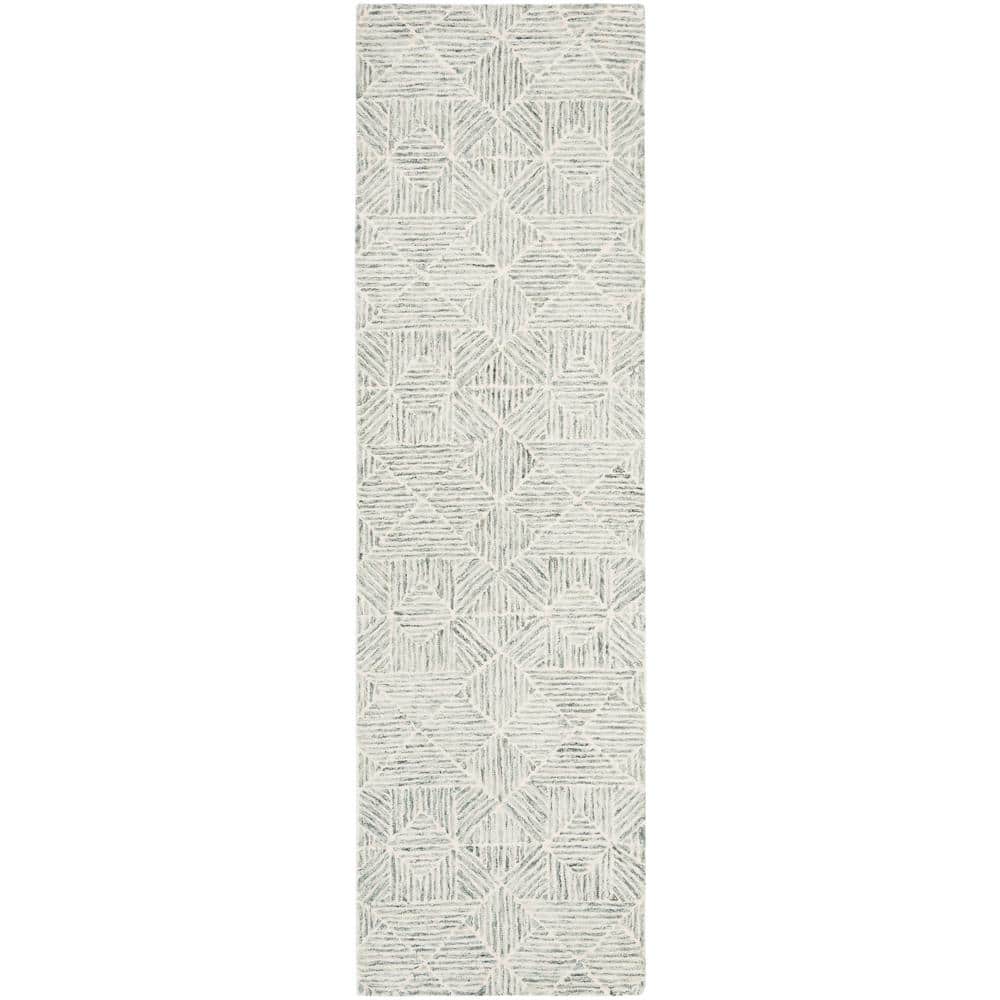Abstract Green and Ivory Hand-Tufted Wool Runner Rug