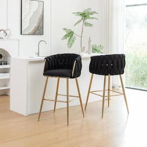 Ness Black Boucle Teddy Fabric Bar Stool (Set of 2) with Gold Chrome Plated Legs