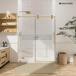 66 in. W x 76 in. H Single Sliding Frameless Shower Door in Brushed Gold with 3/8 in. Clear Glass