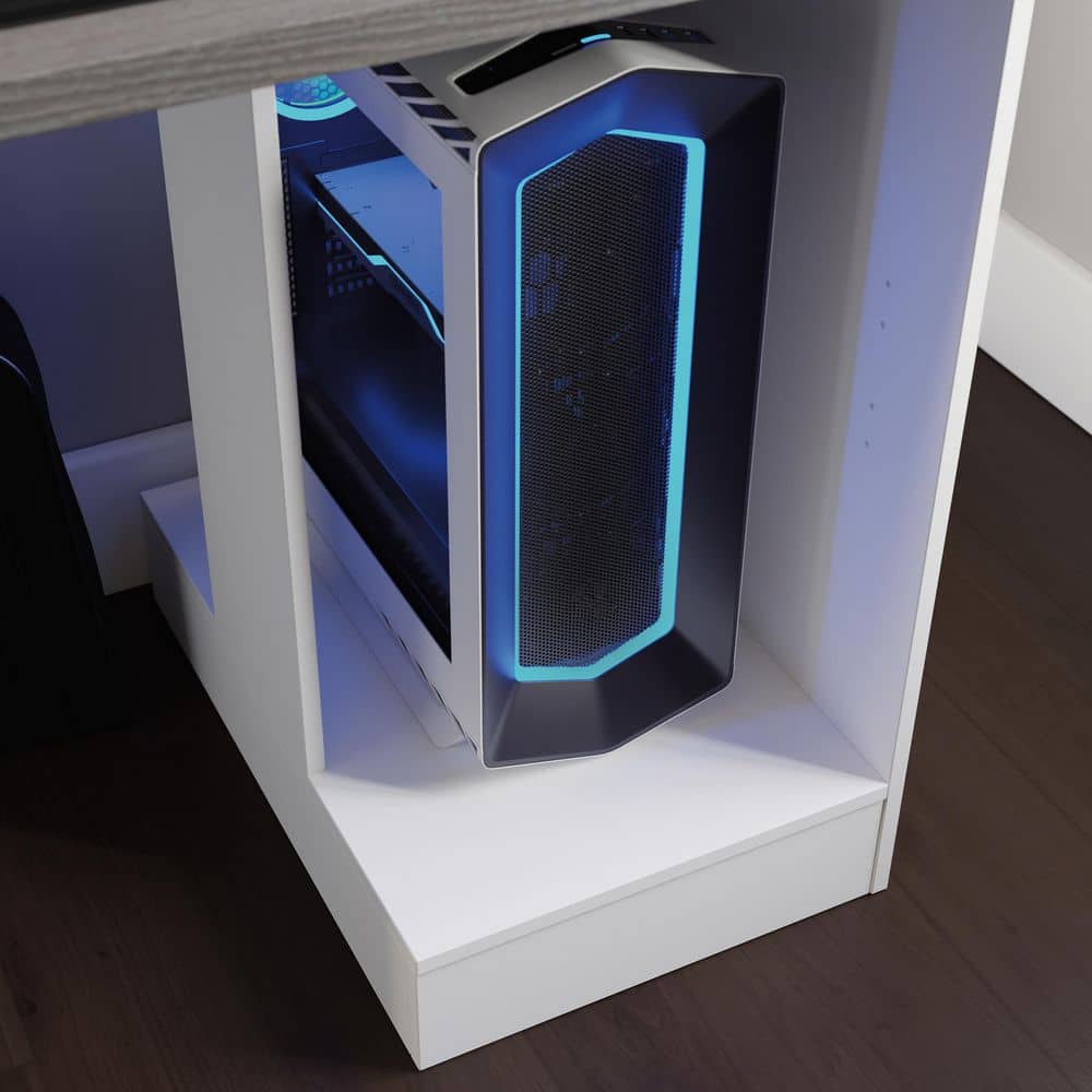 Versatile White Gaming Desk with Charcoal Ash Accents and Headphone Hook