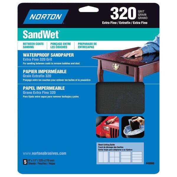 Norton SandWet 9 in. x 11 in. 320 Grit Extra-Fine Sandpaper Sheets (100-Pack)-DISCONTINUED