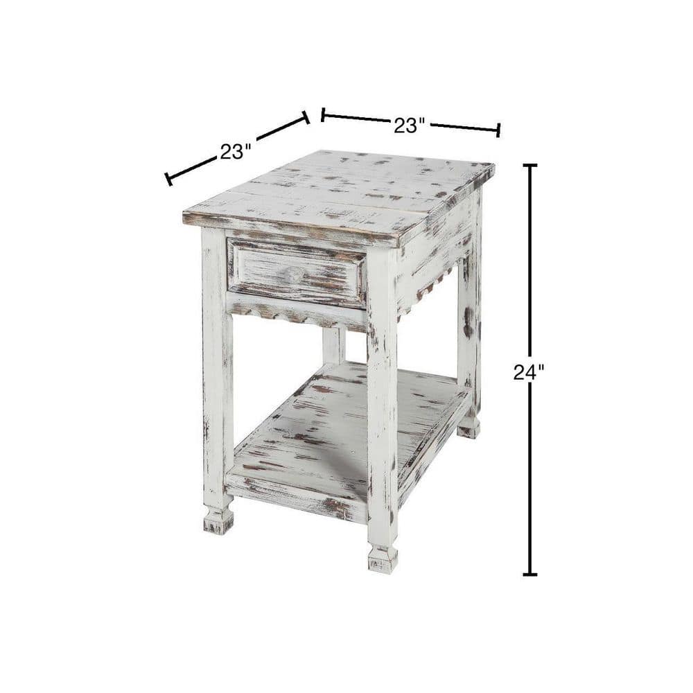 Rustic White Distressed Wood Chairside Table with Storage