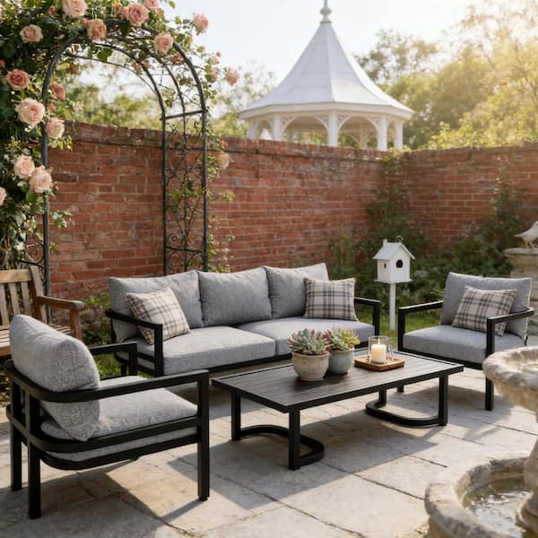 4-Piece Steel Patio Conversation Set with Light Gray Cushions