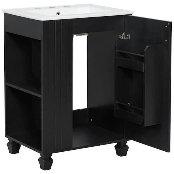 24 in. W Single Sink Freestanding Black Bath Vanity with White Ceramic Top and Soft-Close Door Unassembled