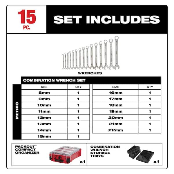 Metric Combination Wrench Set with PACKOUT Compact Organizer (15-Piece)
