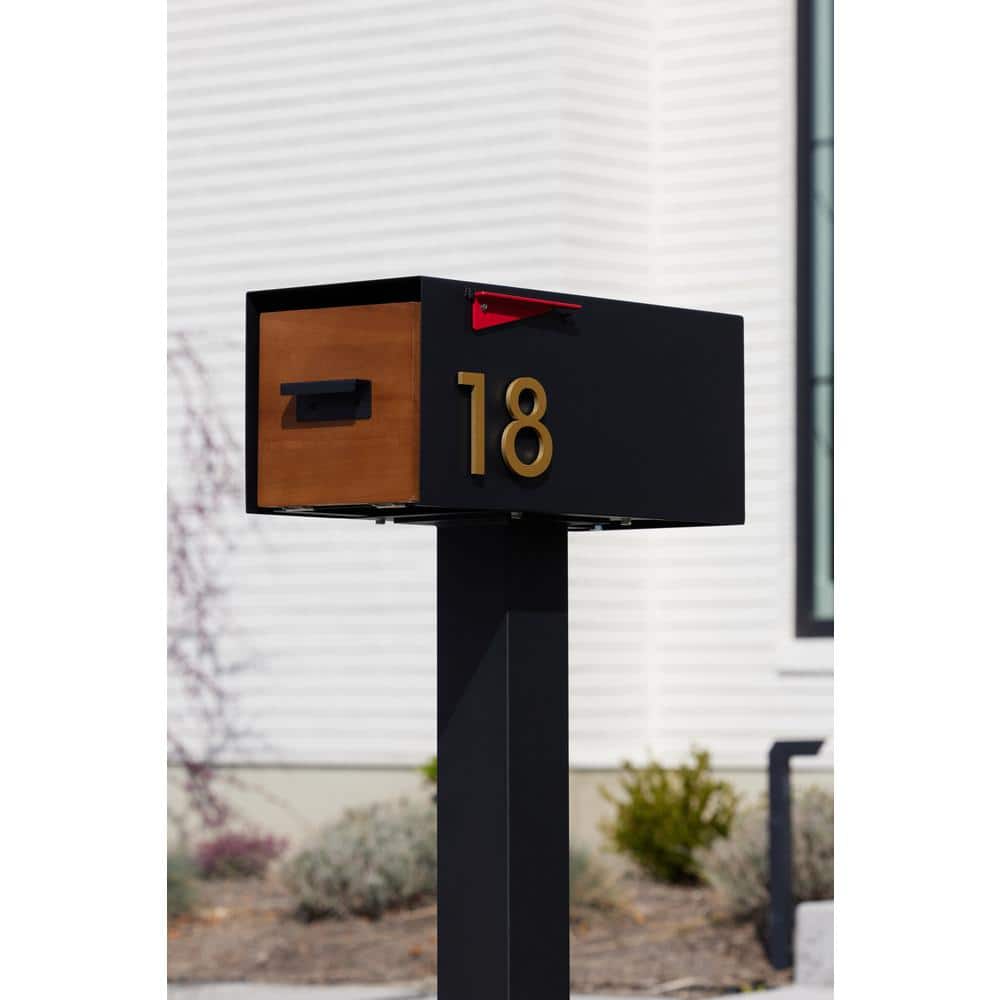 Malone Black Steel Mailbox with Brass Number and Wood-Styled Door