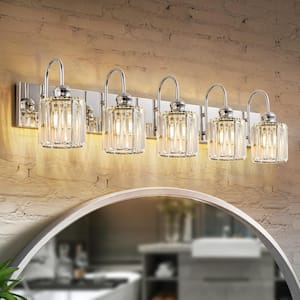 Mason 35.4 in. 5-Light Modern Glam Chrome Bathroom Vanity Light Dimmable Luxury Linear Wall Light with Crystal Shade