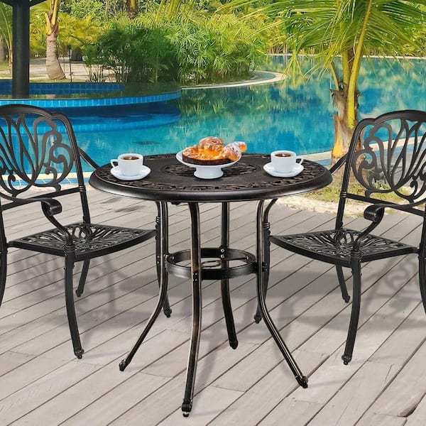 bronze cast aluminum patio table with umbrella hole W WARMHOL Bar Table, 38.5" Outdoor Bar Height Bistro 2" Hole, Patio Bistro Round High Top Dining Table Pub Table for Porch Balcony Backyard, Dark Withniture patio table is made of high Bistro Set 3 Piece Rustproof
