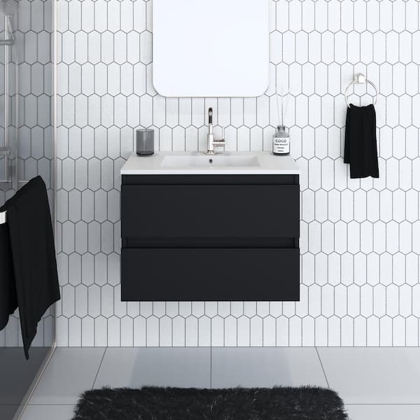 Salt 30 in. W x 18 in. D Bath Vanity in Glossy Black with Ceramic Vanity Top in White with White Basin