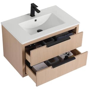 Kingsford 30 in. Single Wall Mounted White Oak Bath Vanity with Drawers with White Ceramic Sink Top