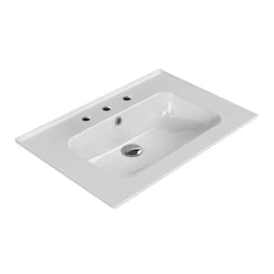 Blue Modern White Ceramic Rectangular Wall Mounted Sink with Three Faucet Holes