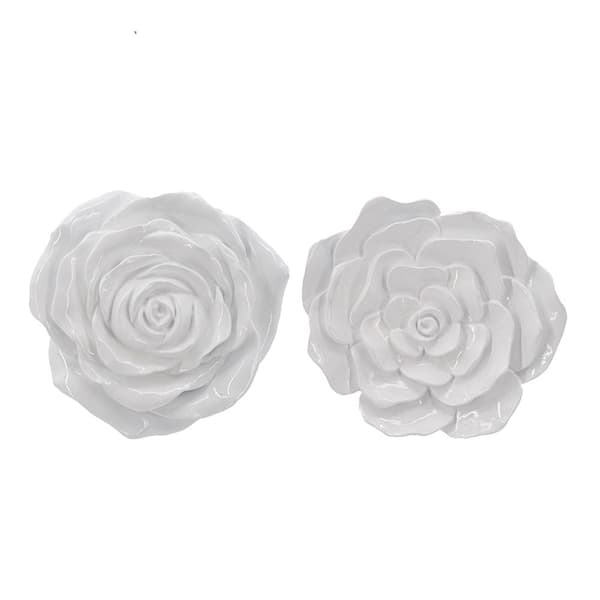 Tatahance 7.5 in. x 7.1 in. White Finish Resin Rose Hanging Wall Decal 2-Piece