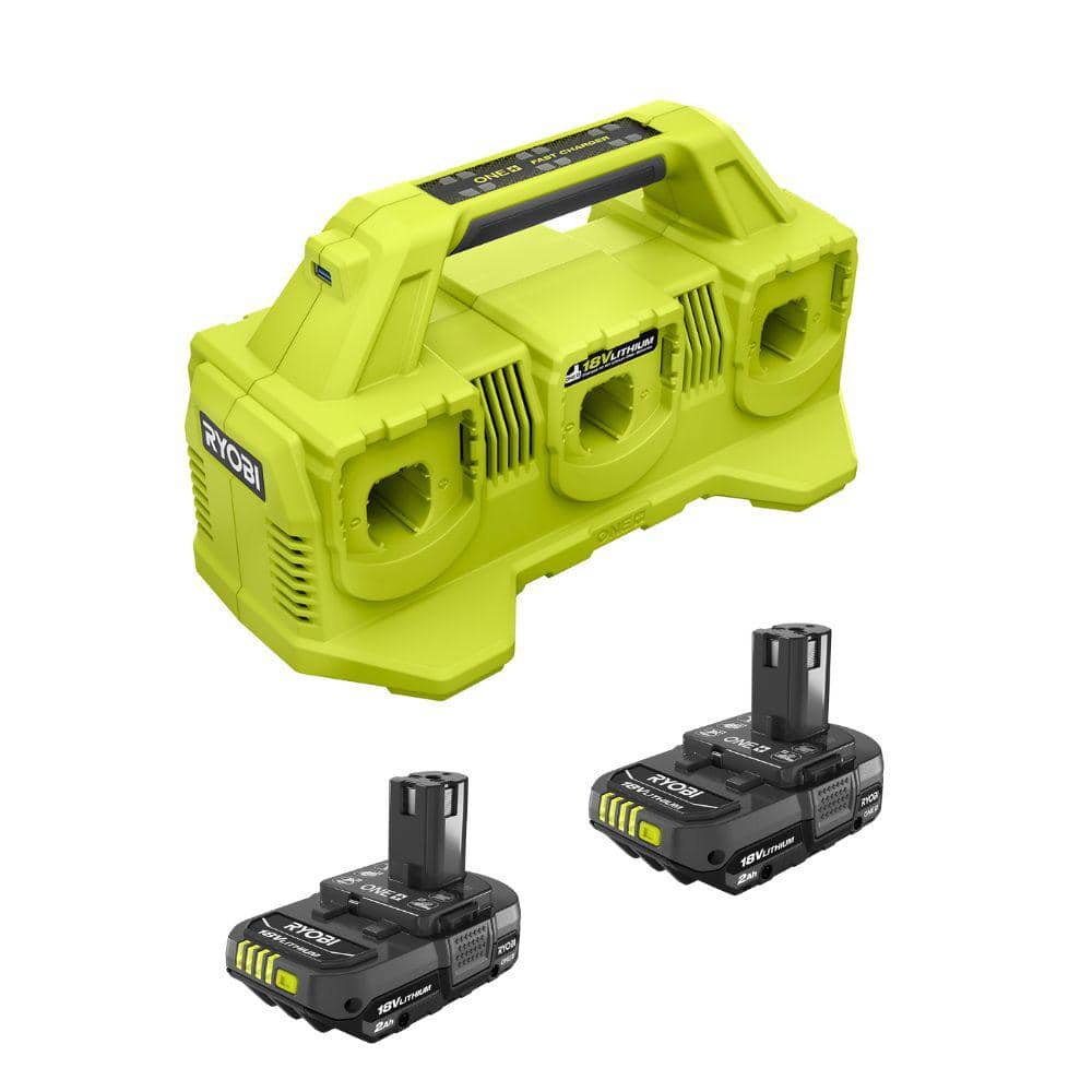 RYOBI ONE+ 18V Lithium-Ion 2.0 Ah Compact Battery (2-Pack) with 6-Port Charger -  PBP2006PCG006