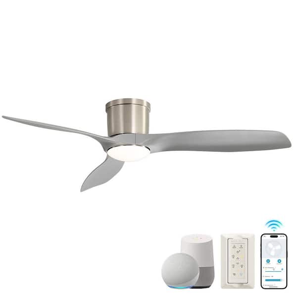 52 in. Smart Nickel Indoor ABS Gray Blade Flush Mount Ceiling Fan with 3-Color Dimmable Light, Remote and Voice Control