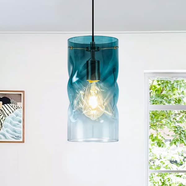 Rayhome 1-Light Coastal Modern Cylinder Teal Blue Pendant Light with Hand-Blown Spiral Hammered Glass for Kitchen Island