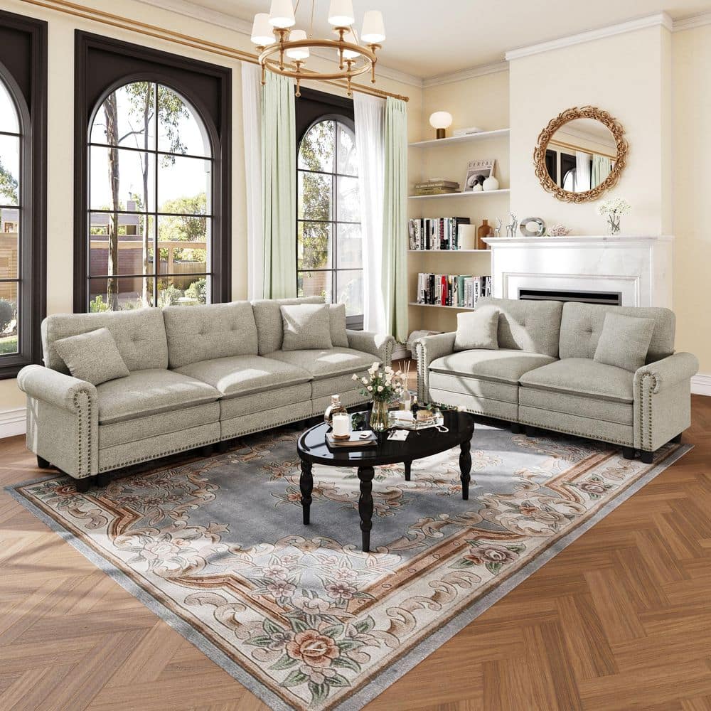113.8 in. Roll Arm 5-Seat Linen-like Fabric Modular Sectional Sofa in Gray with Throw Pillows