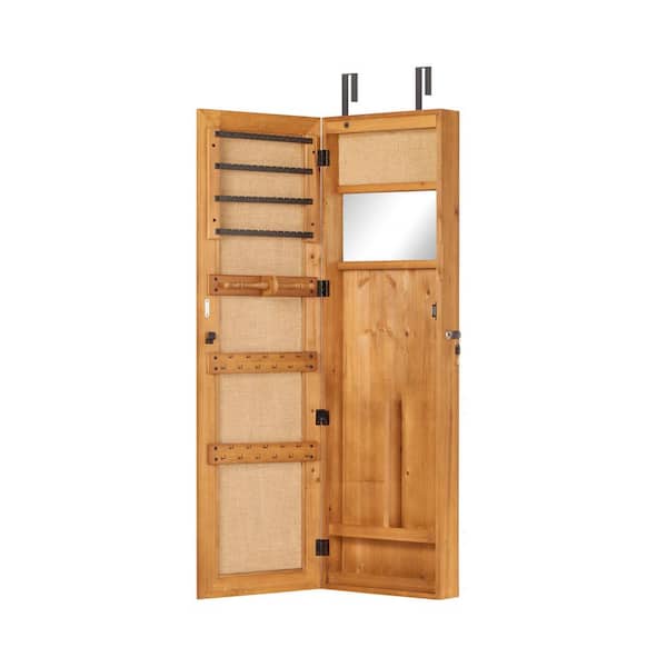 Light Brown Solid Wood Wall-Mounted Lockable Jewelry Armoire Organizer Cabinet with Full-Length Mirror and LED Light