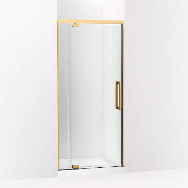 Statement 36 in. W x 76 in. H Pivot Framed Shower Door in Brass Finish with Clear Glass