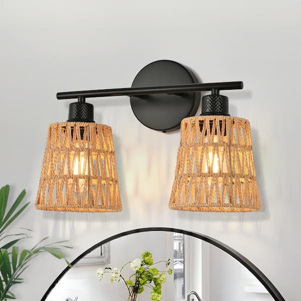 Henveton Nafissa 14.96 in. 2 Light Brown Vanity Light with Cone Rattan Shade, Farmhouse Boho Over Mirror Lights for Bathroom