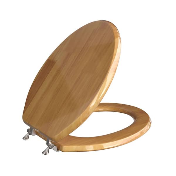 Natural Oak Designer Wood Elongated Toilet Seat with Piano Finish, Closed Front with Cover, Brushed Nickel Hinges