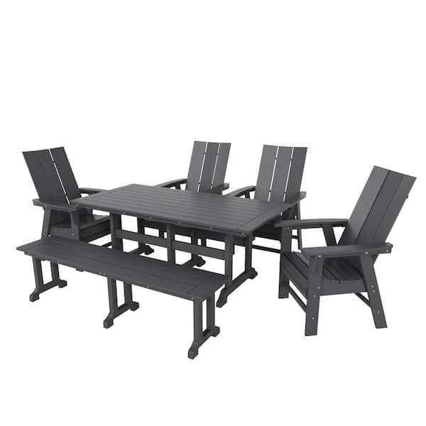 Shoreside Outdoor Patio Weather Resistant Gray 6-Piece HDPE Plastic Adirondack Dining Set with Bench