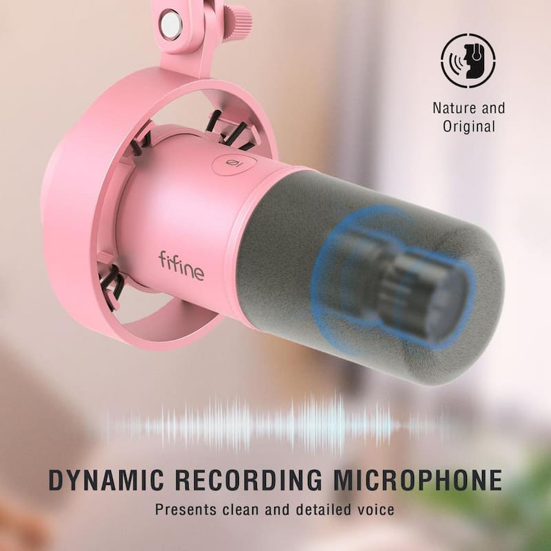 XLR/USB Dynamic Microphone for Streaming Recording with Tap to Mute, Gain Knob, Headphones Monitoring Amplitank Pink