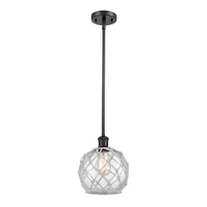 Farmhouse Rope 1-Light Matte Black Globe Pendant Light with Clear Glass with White Rope Glass and Rope Shade