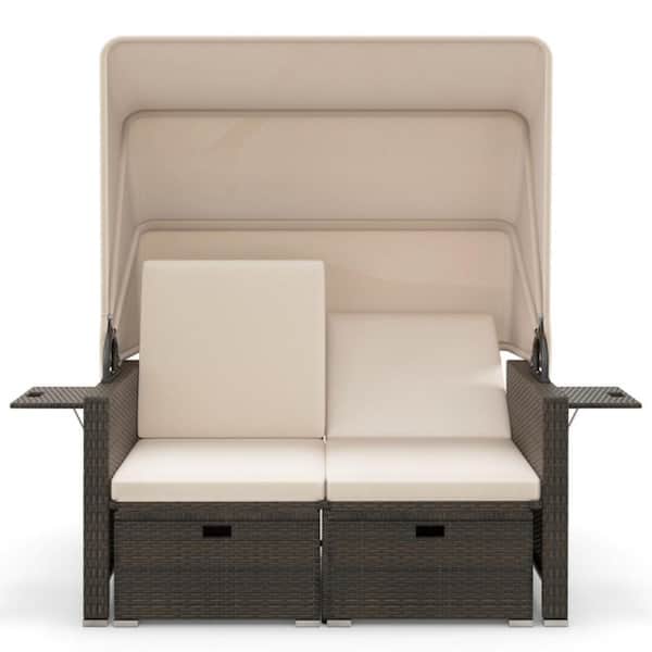 Kadehome Wicker Outdoor Patio Rattan Adjustable Backrests Day Bed with Retractable Canopy and Beige Cushions