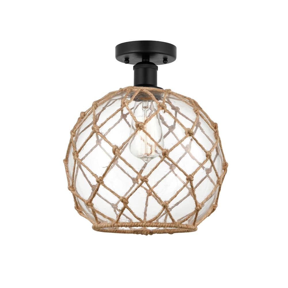 Farmhouse Rope 10 in. 1-Light Matte Black Industrial Semi-Flush Mount with Clear Glass Shade price history on PriceWatchPro