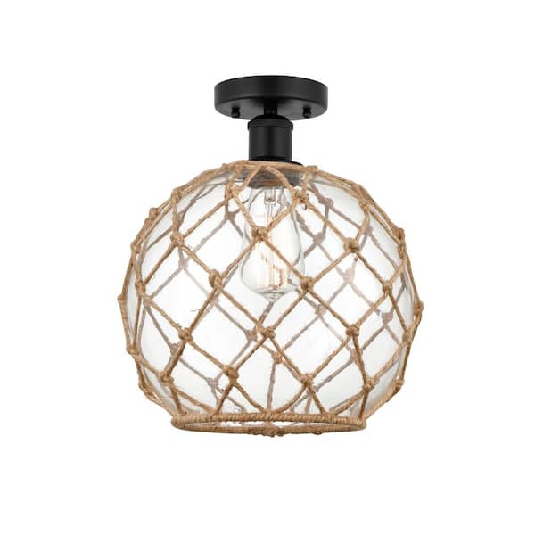 Farmhouse Rope 10 in. 1-Light Matte Black Industrial Semi-Flush Mount with Clear Glass Shade