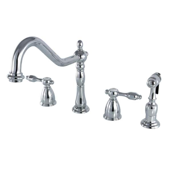 Kingston Brass Tudor 2-Handle Standard Kitchen Faucet with Side Sprayer in Polished Chrome
