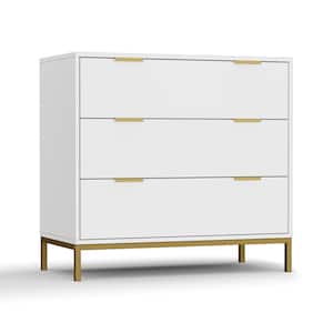 3-Drawer White Chest of Drawers with Gold Metal Legs Mid Century Modern Dresser (31.5 in. W x 29.5 in. H x 15.7 in. D)