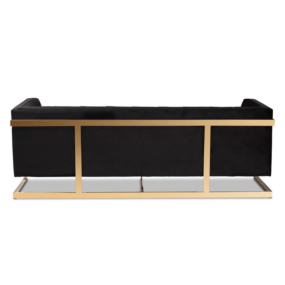 Luxurious Black Velvet Tufted Sofa with Gold-Tone Metal Frame