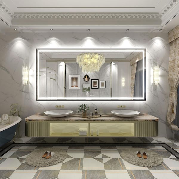 84 in. W x 40 in. H Rectangular Framed Front & Back LED Lighted Anti-Fog Wall Bathroom Vanity Mirror in Tempered Glass