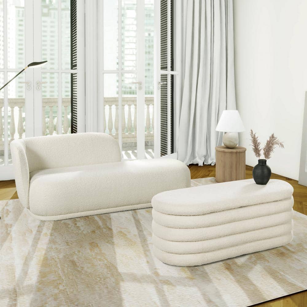 Aire 75" Ivory White Boucle Chaise Lounge with Pine Wood Frame