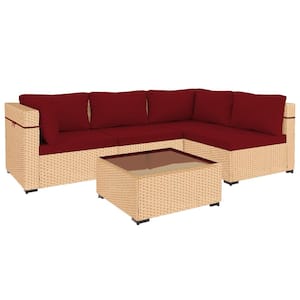 5-Piece Beige Wicker Patio Conversation Set with Red Cushions and Coffee Table