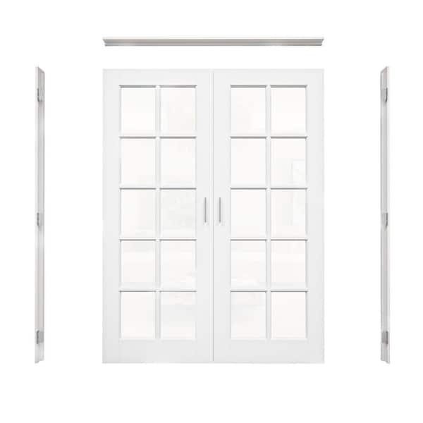 ARK DESIGN 56 in. x 80 in. Universal Handed 10-Lite Clear Glass White Solid Core MDF French Door with Quick Assemble Jamb