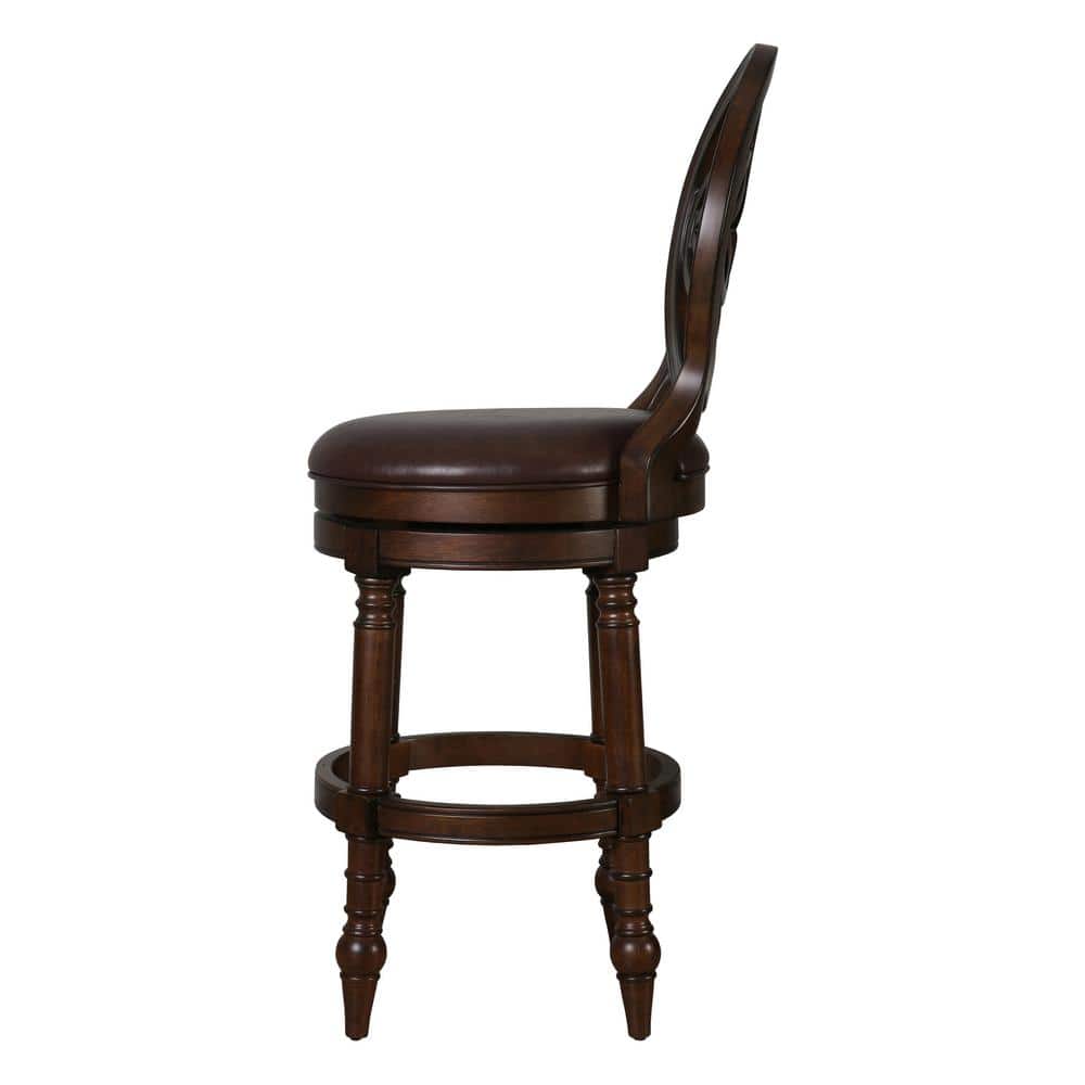 Distressed Walnut Swivel Bar Stool with Brown Faux Leather Seat
