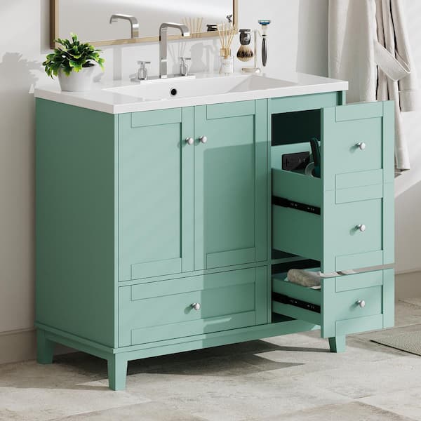 36 in. W Single Sink Freestanding Bath Vanity in Green with White Resin Top and USB Charging, 3 Drawers