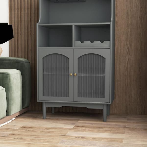 Otryad Living Room Grey Color Wine Cabinet with Removable Rack and Wine Glass Rack, 1-Cabinet with Glass Doors in Gray