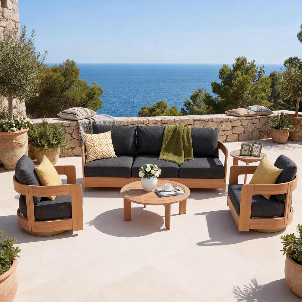Modern Natural 5-Piece Wood Patio Conversation Set, with Black Cushions