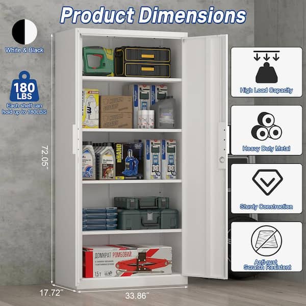 White 72 in. Metal Garage Storage Cabinet Heavy Duty Steel Lock Cabinet with 2-Door 4-Adjustable Shelves