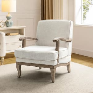Quentin Ivory Farmhouse Wooden Upholstered Arm Chair with Wooden Legs and Foot Pads Protecting the Floor
