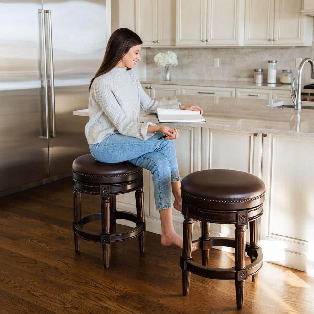 Dark Walnut Backless Swivel Bar Stool with Leather Seat