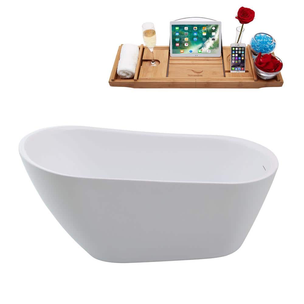 59.1'' Glossy White Freestanding Acrylic Bathtub with Brushed Gold Trim