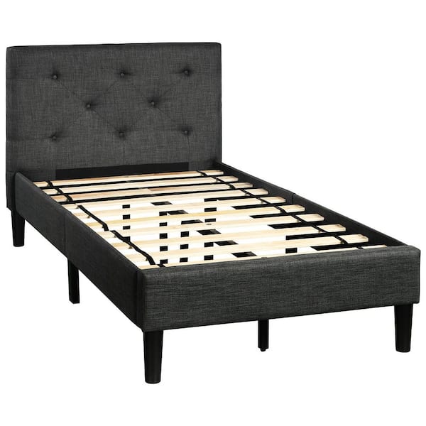 URTR 83 in.W Gray Twin Size Platform Bed Frame, Upholstered Platform Bed with Headboard and Wood Slats,No Box Spring Required