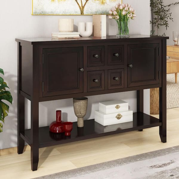 LUCKY ONE 46 in. Brown Rectangle Acacia Wood Console Table with 4-Drawer and 2-Cabinet
