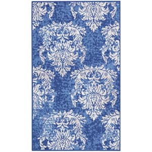 Whimsicle Navy Ivory 3 ft. x 5 ft. Floral Farmhouse Kitchen Area Rug